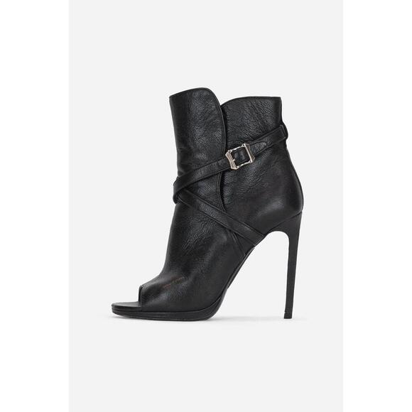 Saint Laurent Black Leather Ankle Wrap Buckle Open Toe Boots - Picture 1 of 5